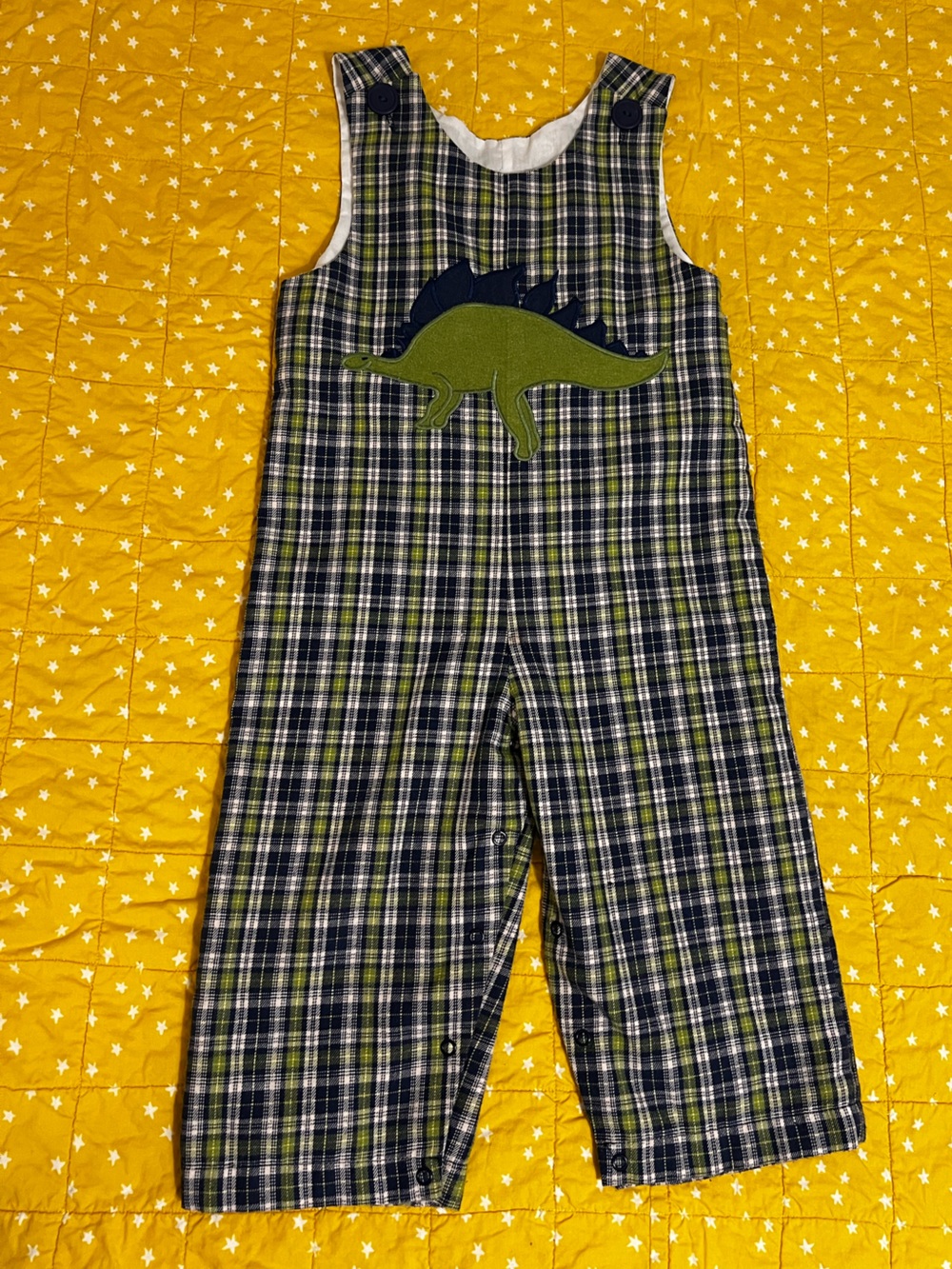 Kelly's Kids Navy and Green Plaid Dinosaur Overalls
